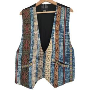 DD Designs Vest Vintage Denim Blue Jean Western Stripe Patchwork Button Vest